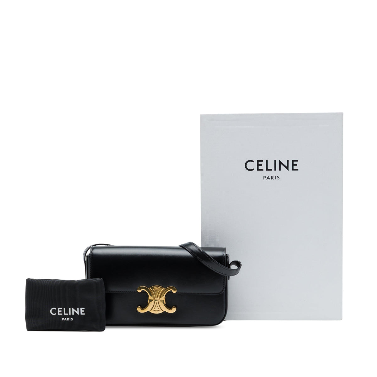 Celine Shiny Calfskin Triomphe Claude Shoulder Bag — Black
