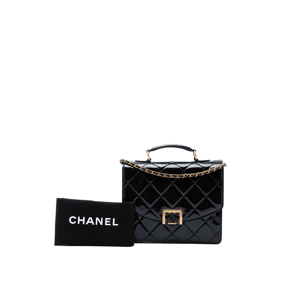 Chanel CC Quilted Patent Accordion Pushlock Top Handle Flap — Black