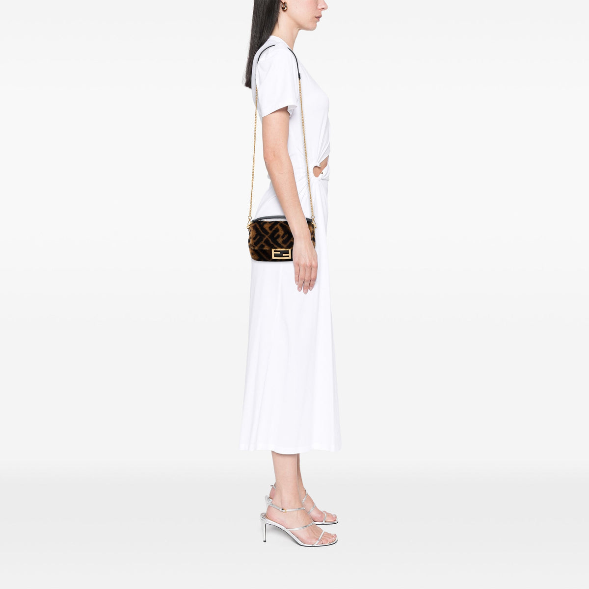 Fendi Mini Zucca Shearling Chain Baguette Satchel — Brown