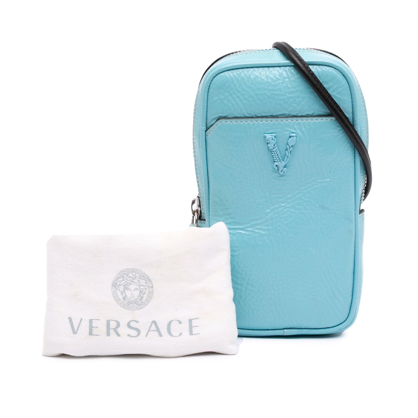 Versace Textured Leather Virtus Neck Pouch Crossbody