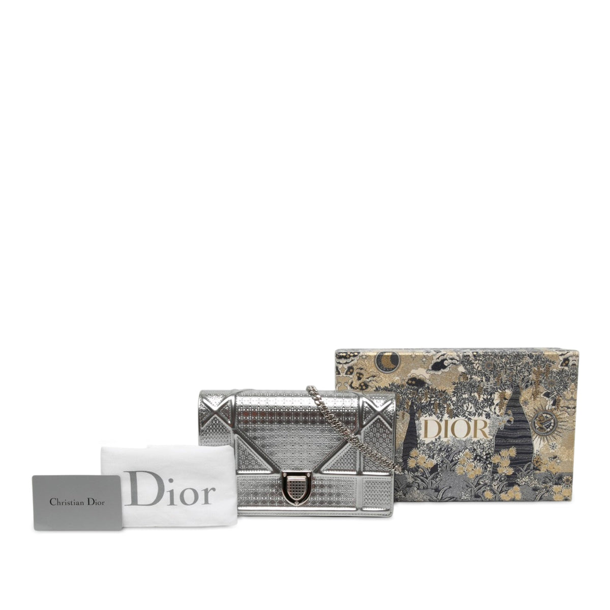 Dior Metallic Patent Microcannage Diorama Wallet on Chain — Silver