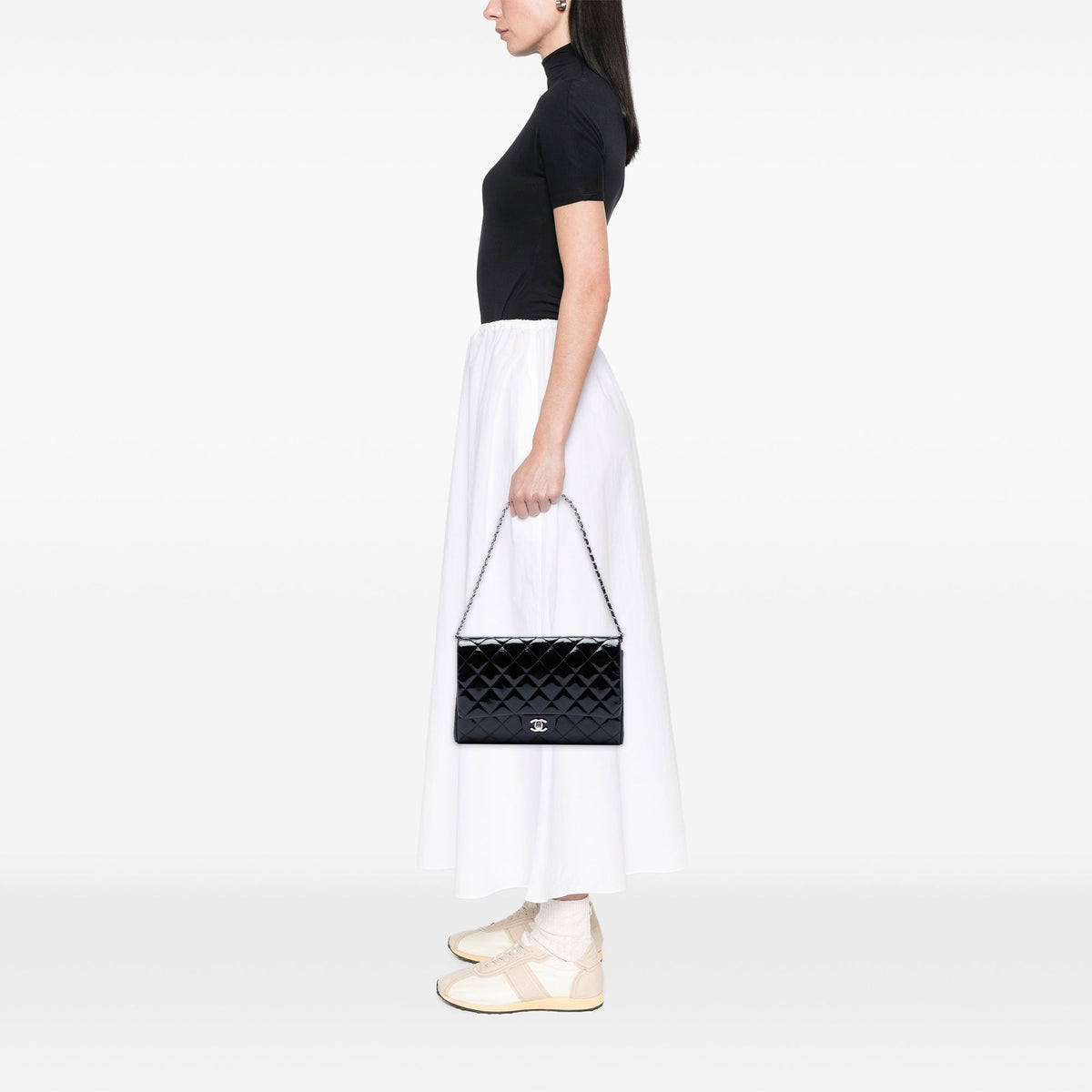 Chanel CC Quilted Patent Flap Clutch with Chain — Black