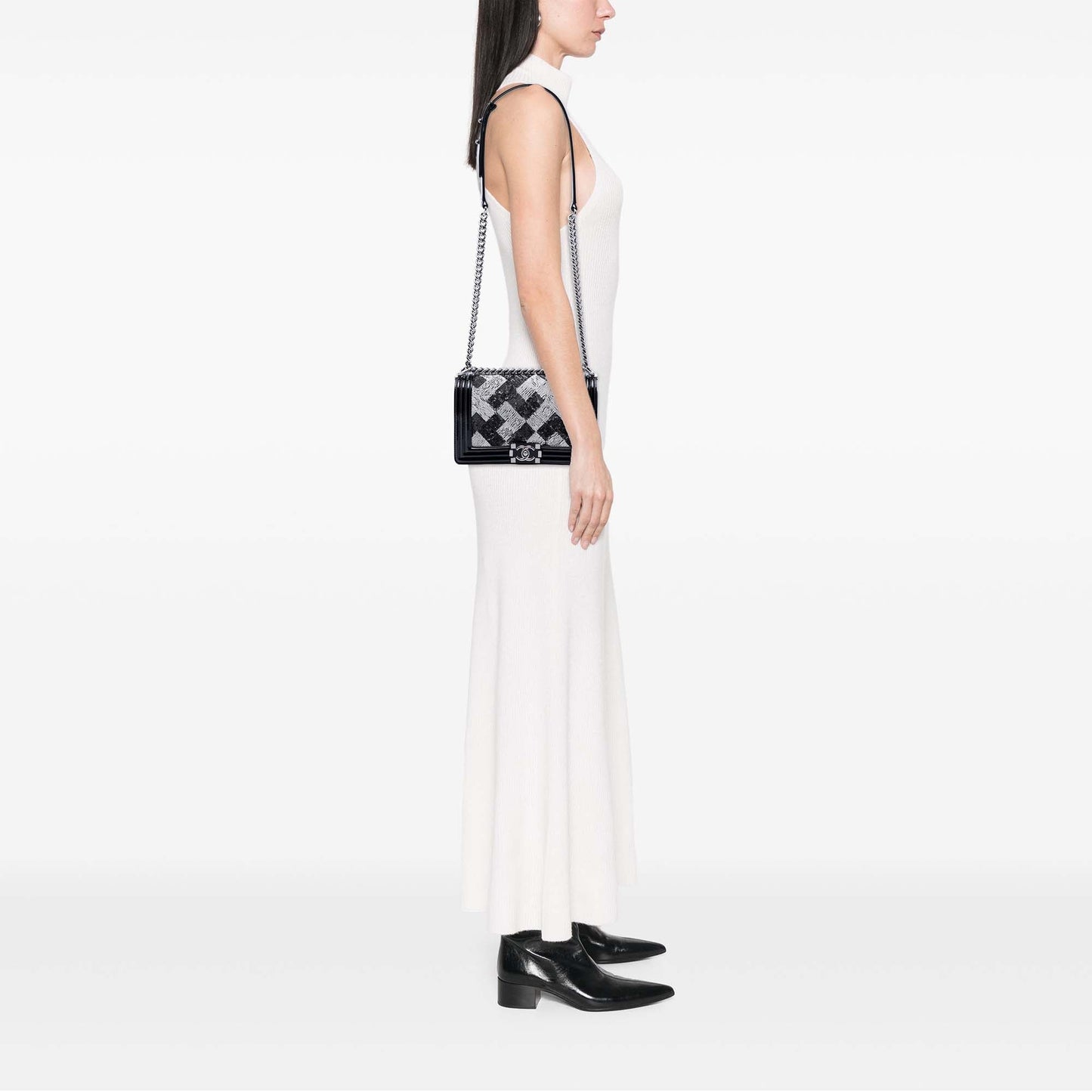 Chanel Old Medium Sequin And Patent Boy Flap