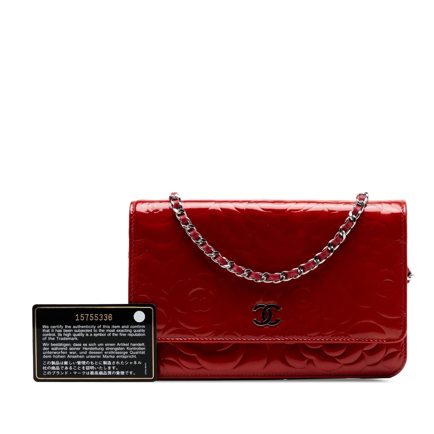 Chanel CC Embossed Patent Camellia Wallet On Chain