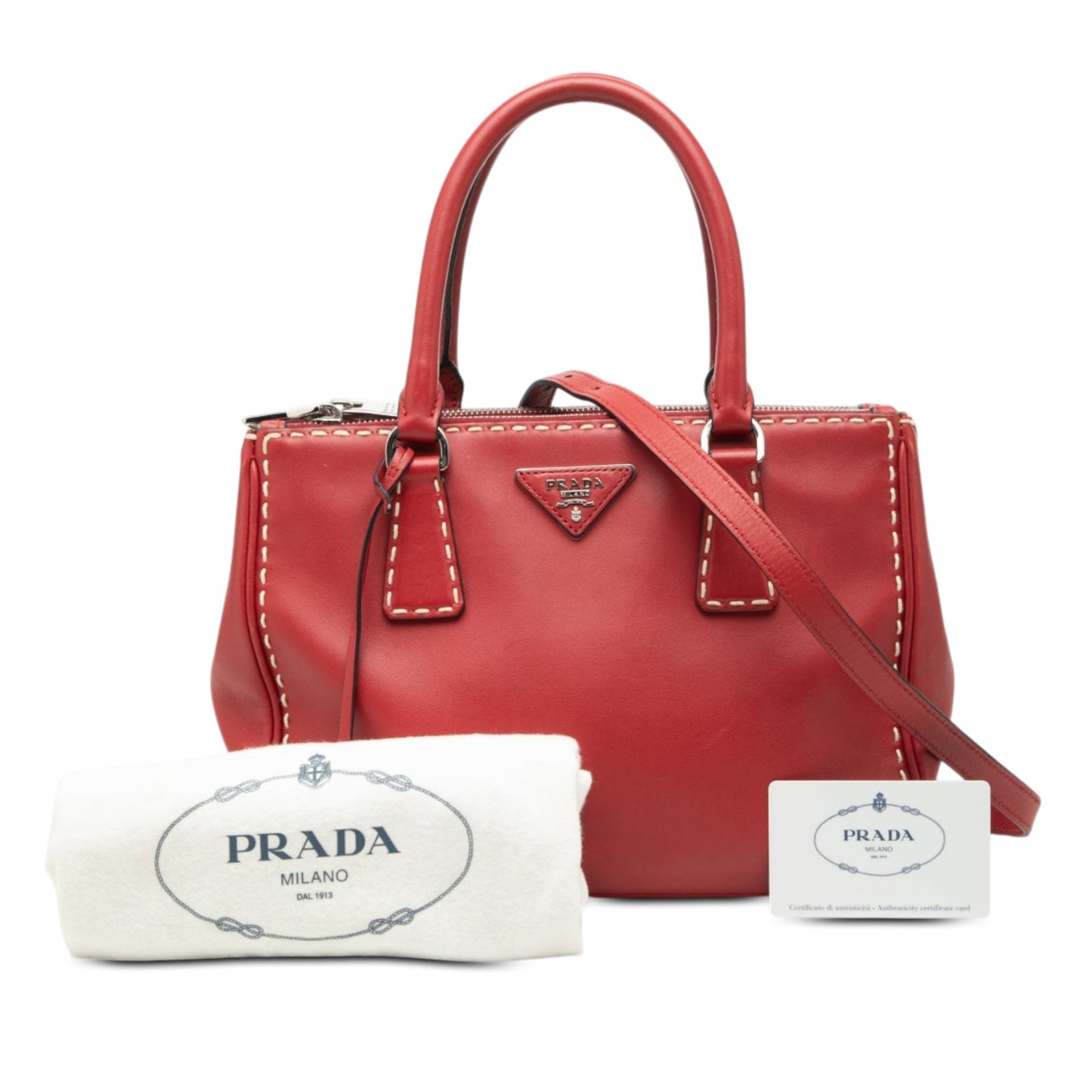 Prada Small City Calf Hand Stitched Galleria Double Zip Satchel