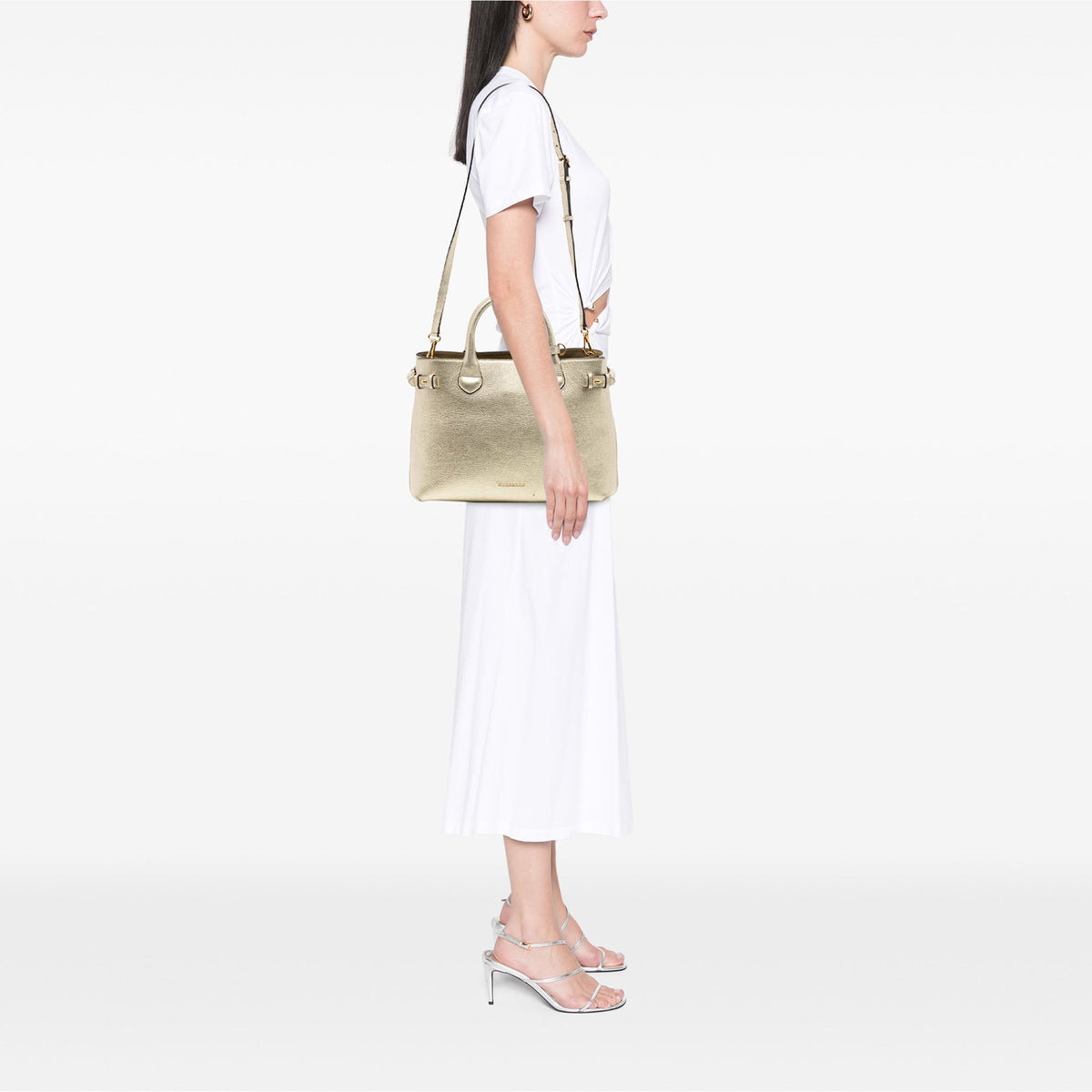 Burberry Medium Metallic Leather and House Check Banner Satchel — Gold