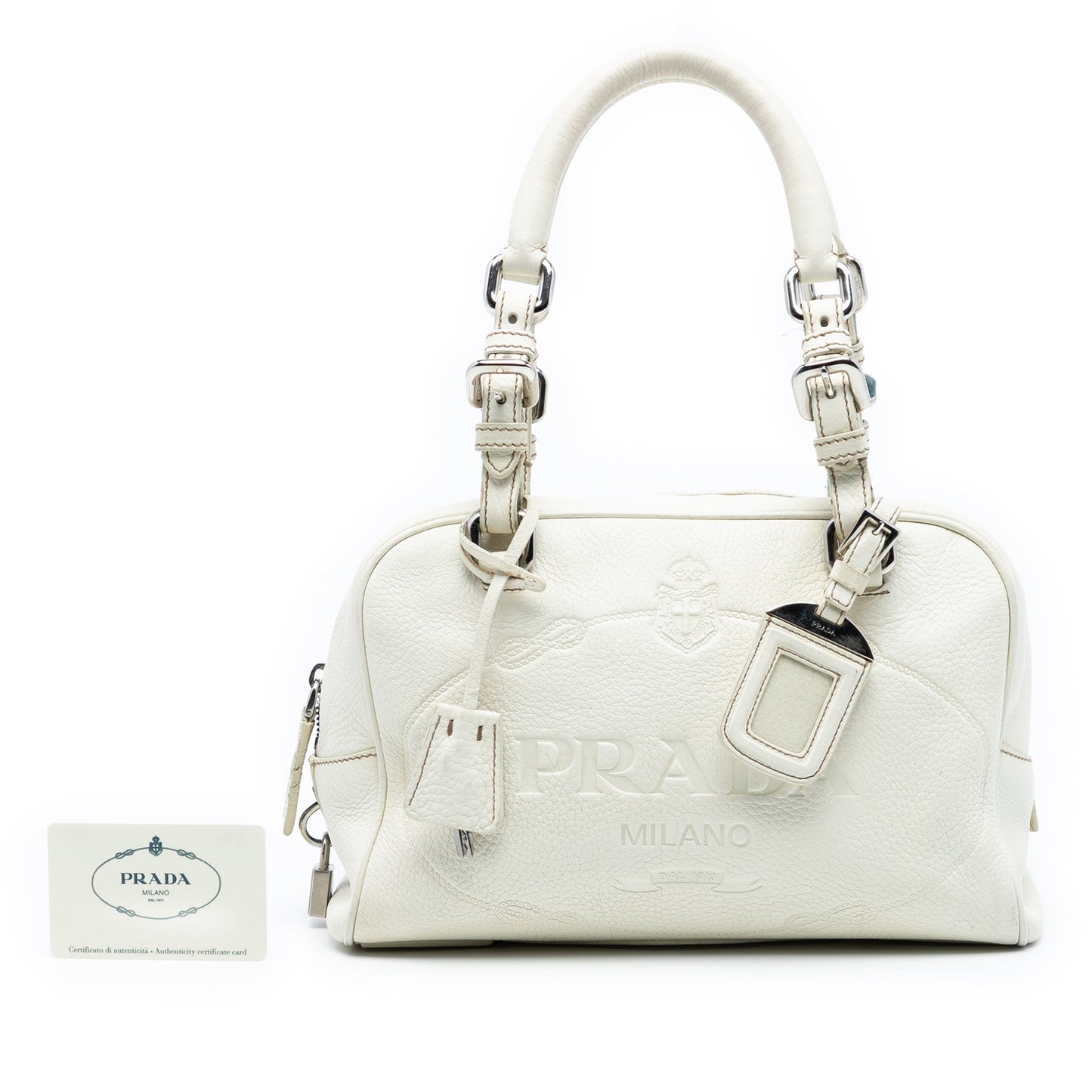 Prada Vitello Daino Embossed Logo Bauletto Bag