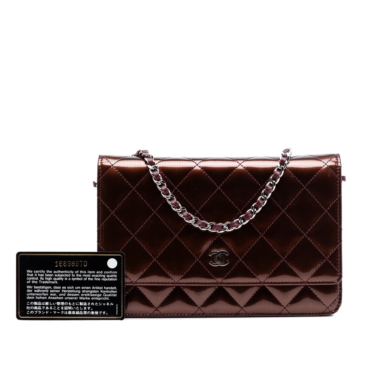 CC Quilted Striated Metallic Patent Wallet on Chain