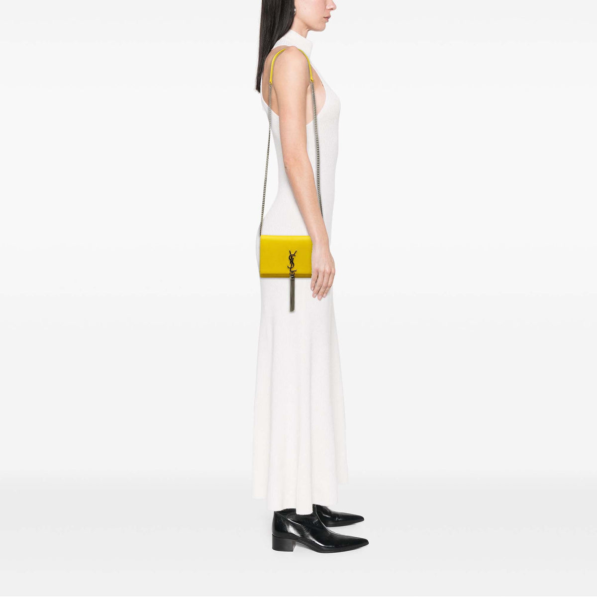 Saint Laurent Grain de Poudre Monogram Kate Tassel Wallet on Chain — Yellow