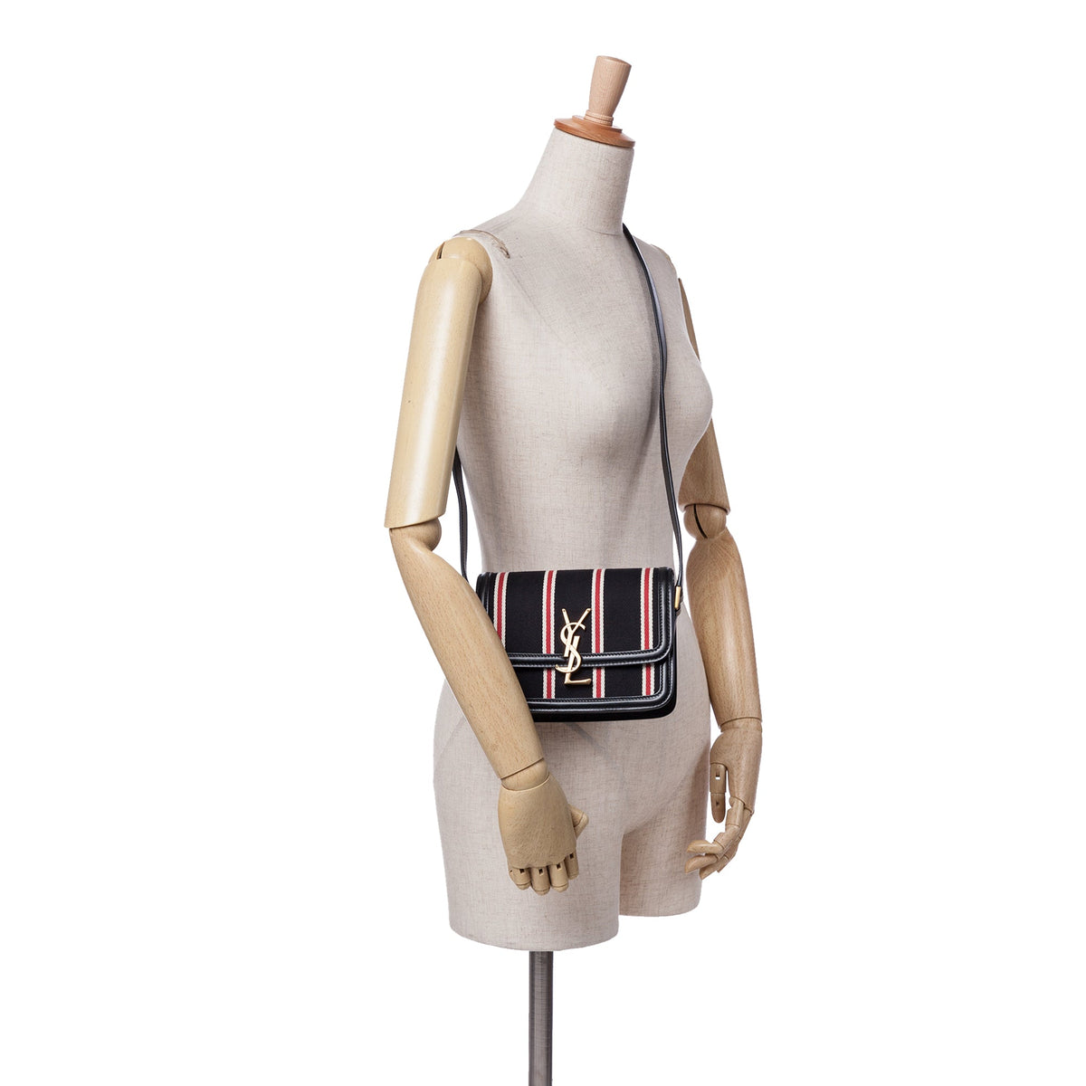 Saint Laurent Small Canvas Striped Solferino Satchel In Box — Black
