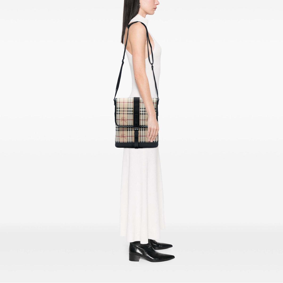 Burberry Haymarket Check Coated Canvas Crossbody — Beige