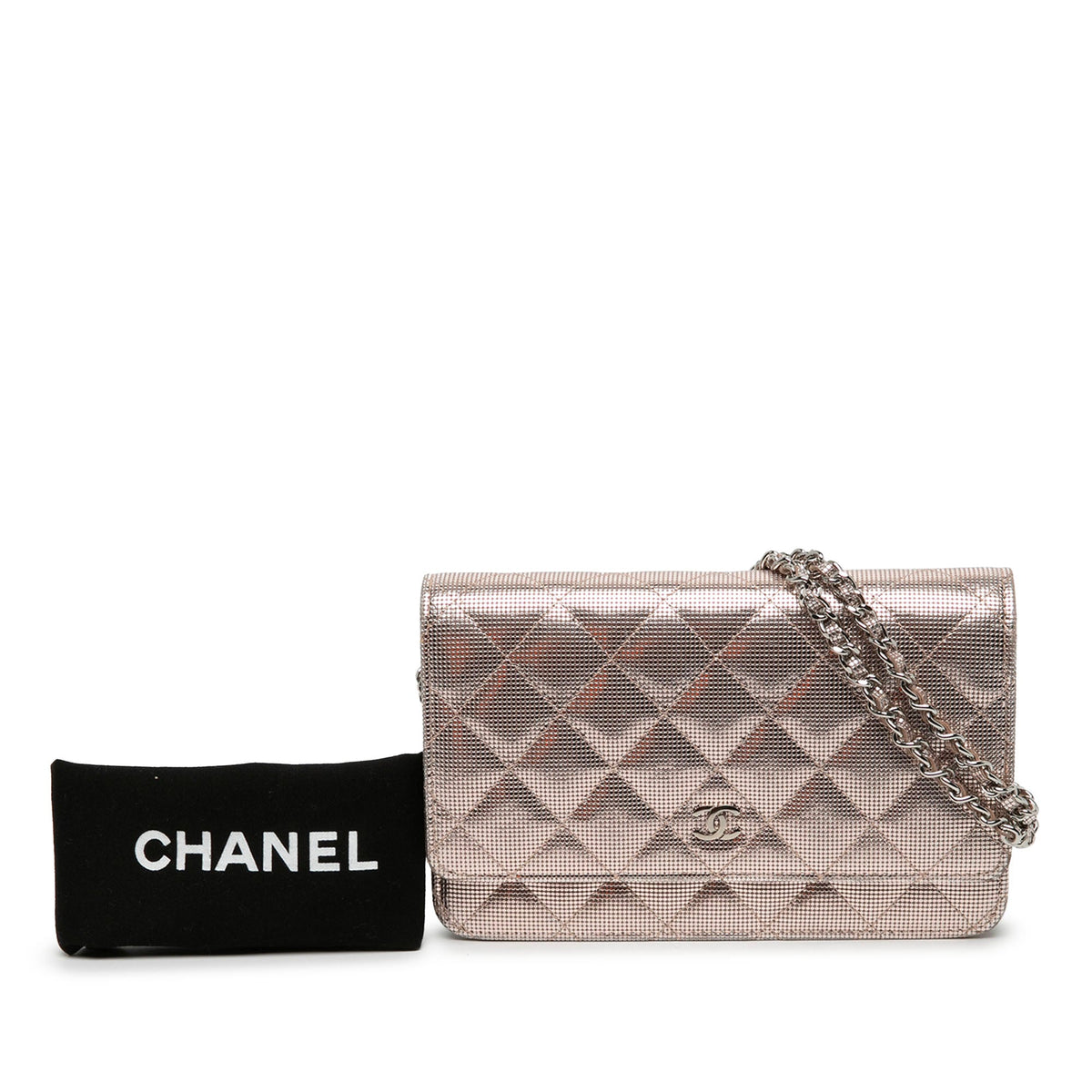 Chanel CC Quilted Metallic Calfskin Pixel Effect Wallet On Chain — Pink