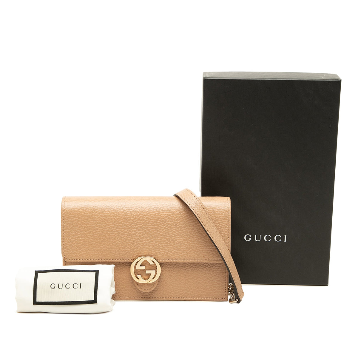 Gucci Dollar Calfskin Interlocking G Wallet on Chain — Brown