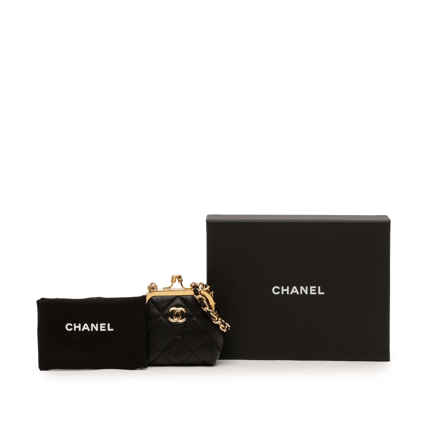 Chanel CC Quilted Lambskin Kiss Lock Clutch with Chain
