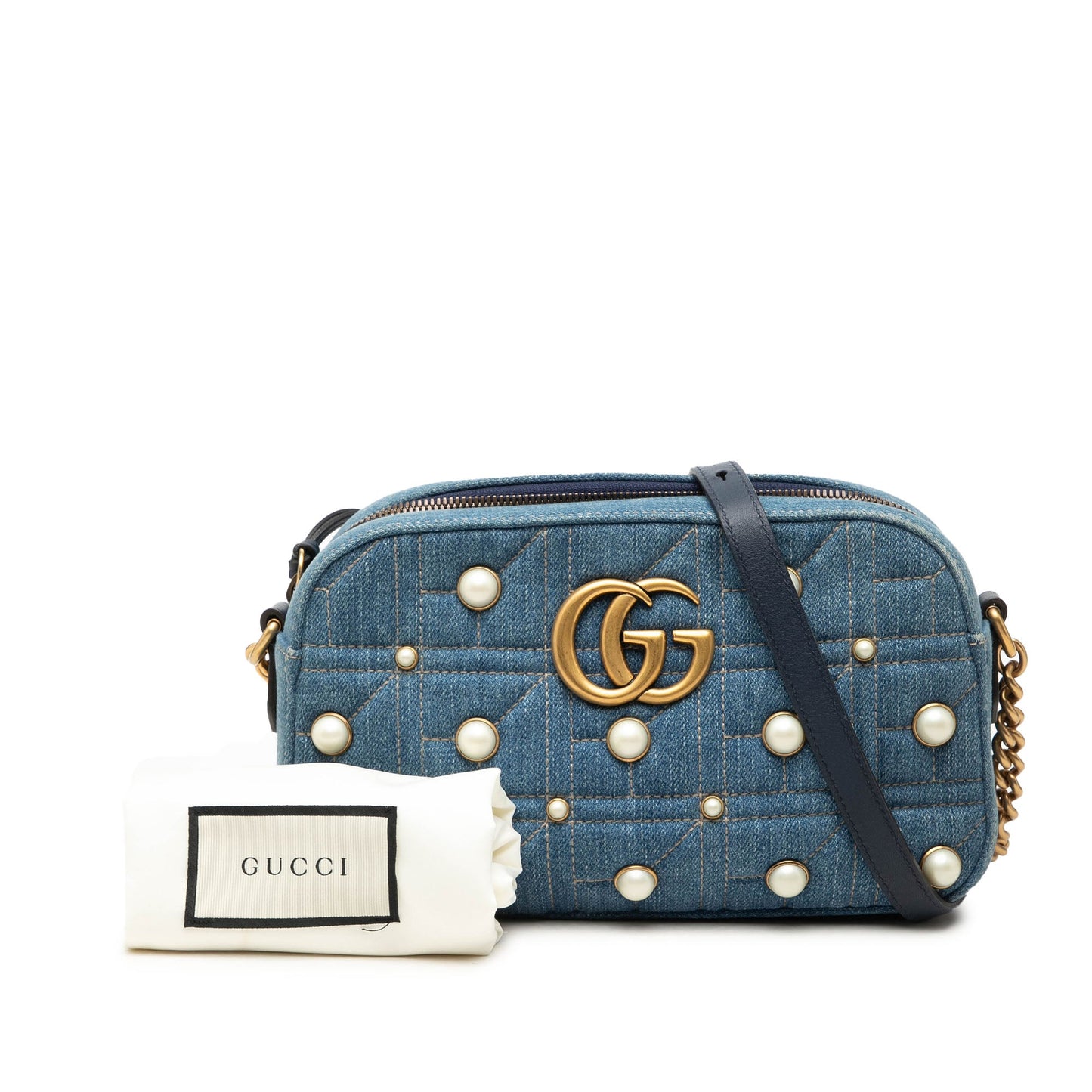 Gucci Small GG Marmont Pearl Studded Denim Crossbody