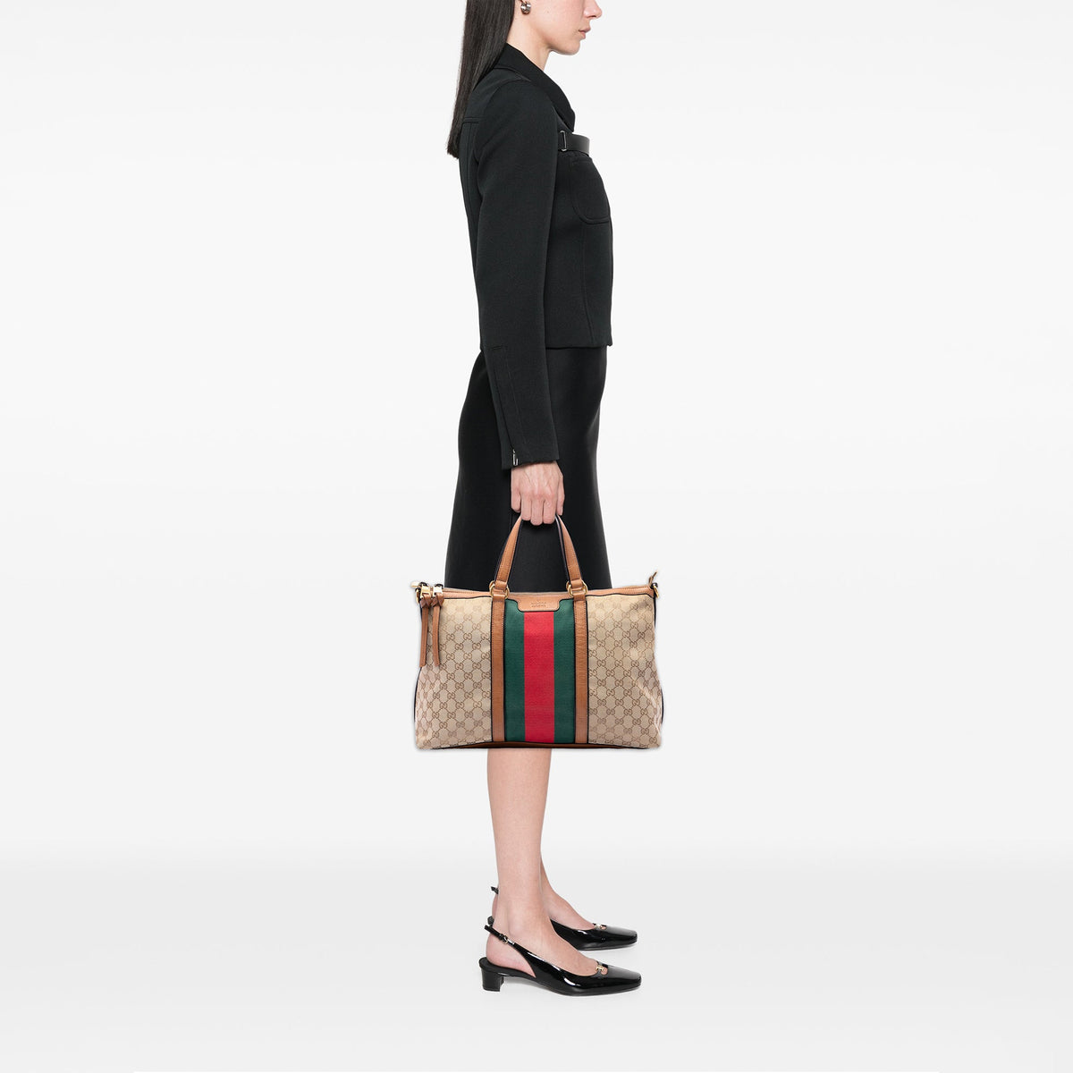 Gucci Medium GG Canvas Web Rania Top Handle Bag — Beige