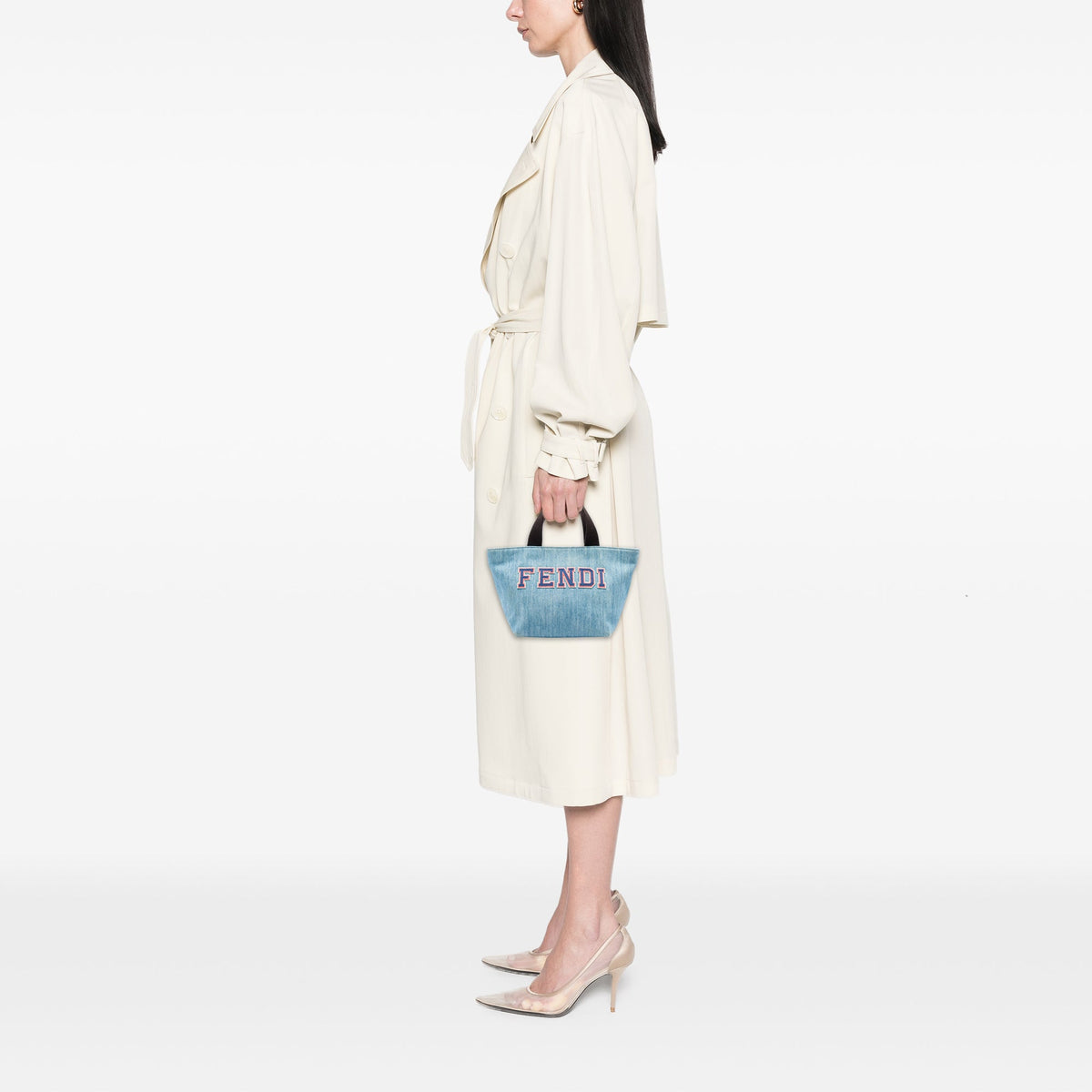 Fendi Mini Denim Embroidered Logo Tote — Blue