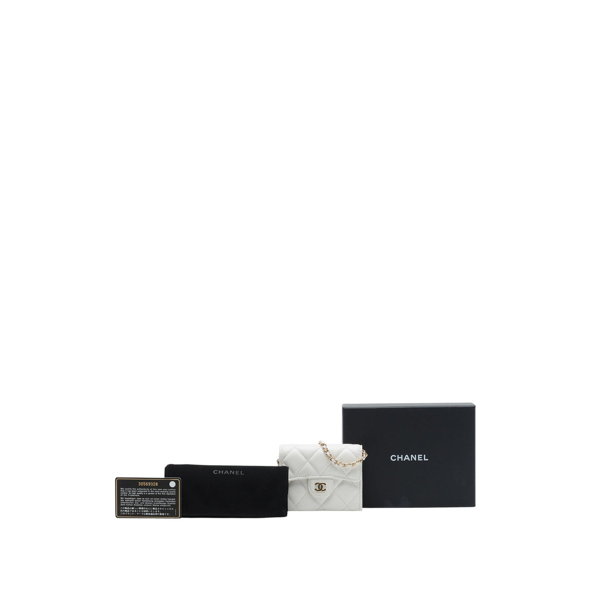 Chanel CC Quilted Caviar Flap Card Holder on Chain — White