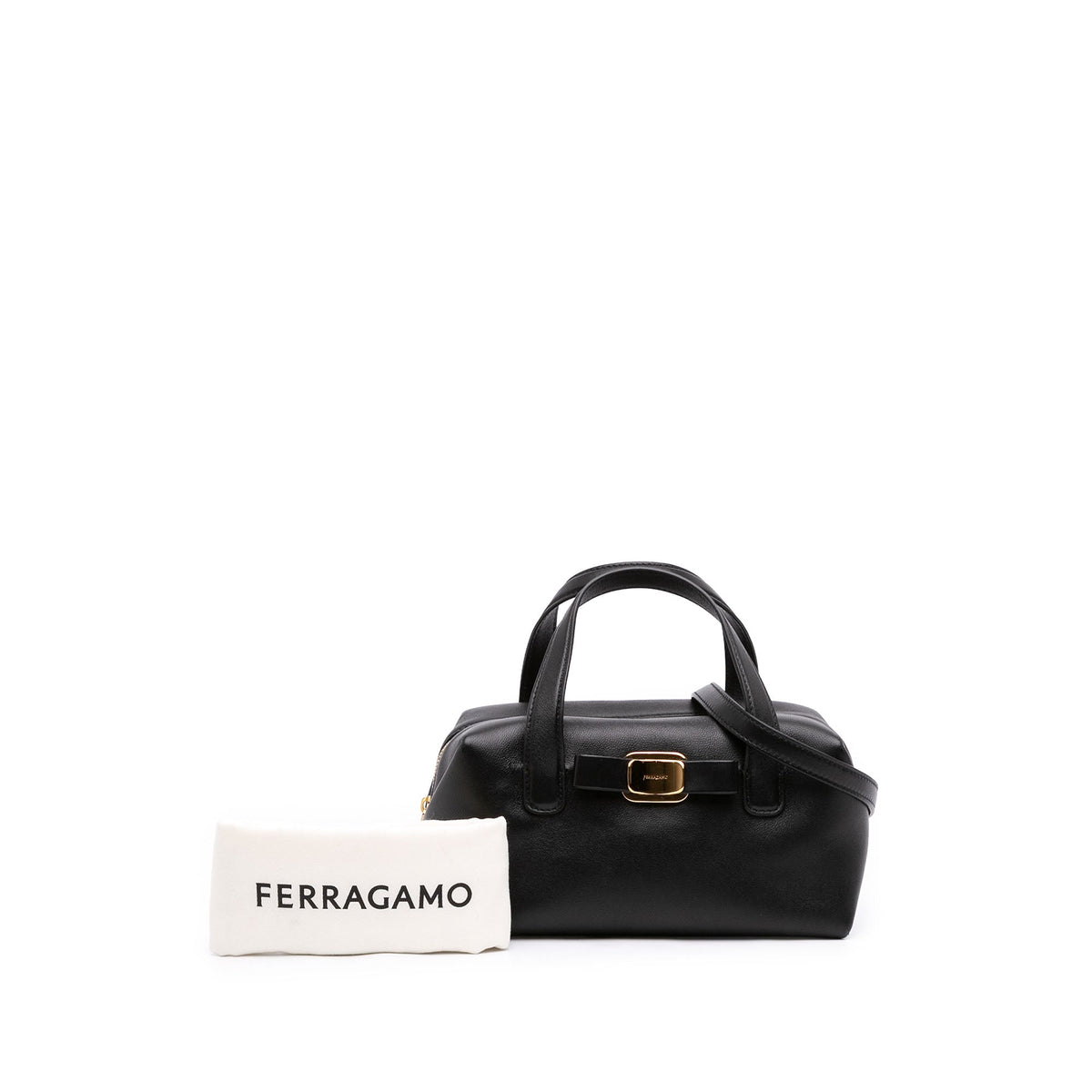 Ferragamo Leather Vara Plate Convertible Bowling Bag — Black