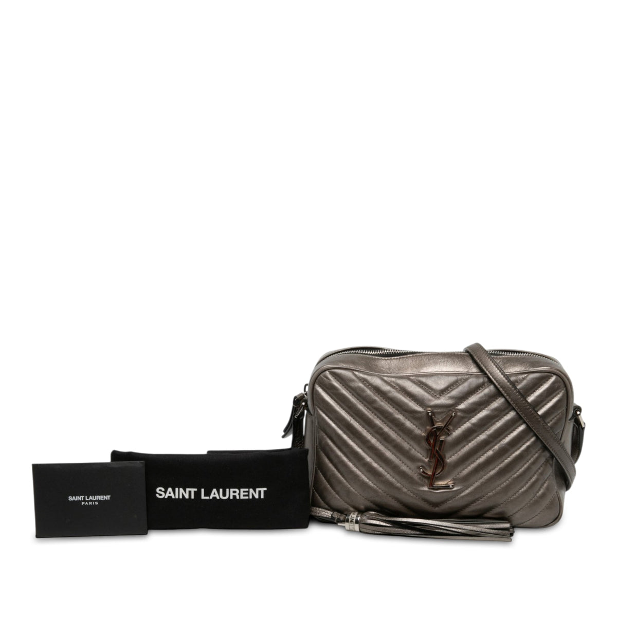 Saint Laurent Matelasse Metallic Leather Monogram Lou Camera Bag — Gray