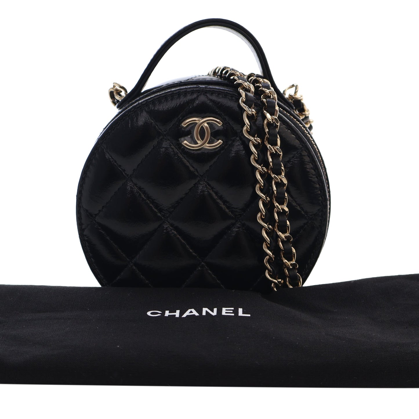Chanel Quilted Glazed Lambskin Handle With Care Round Vanity Case with Chain