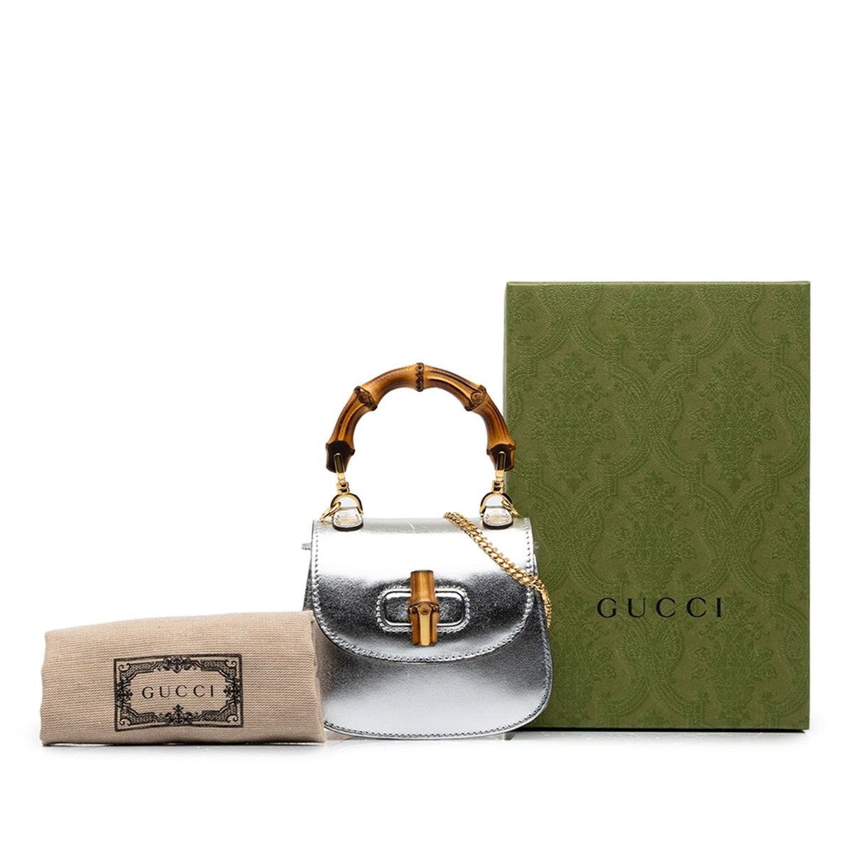 Gucci Nano Metallic Calfskin 1947 Bamboo Top Handle Bag — Silver