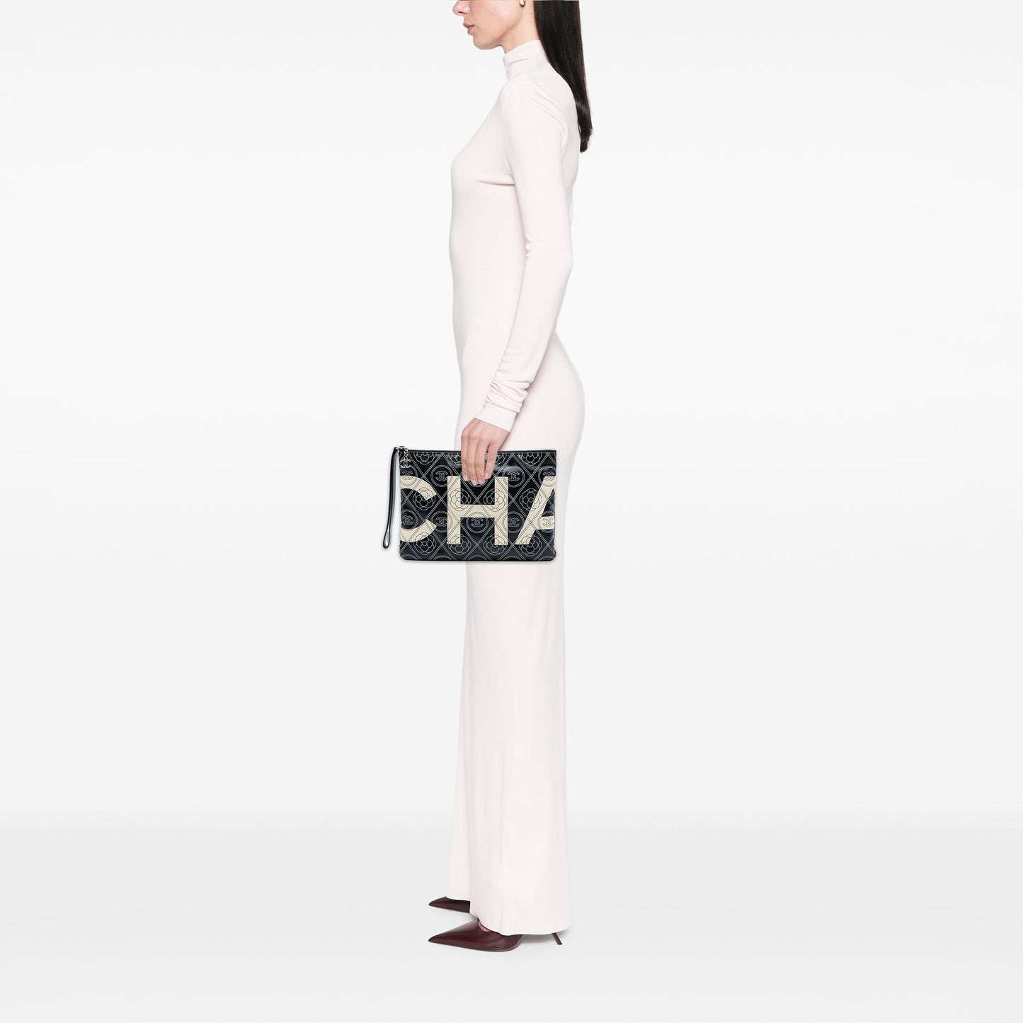 Chanel Coated Canvas Camellia Logo Wristlet Clutch