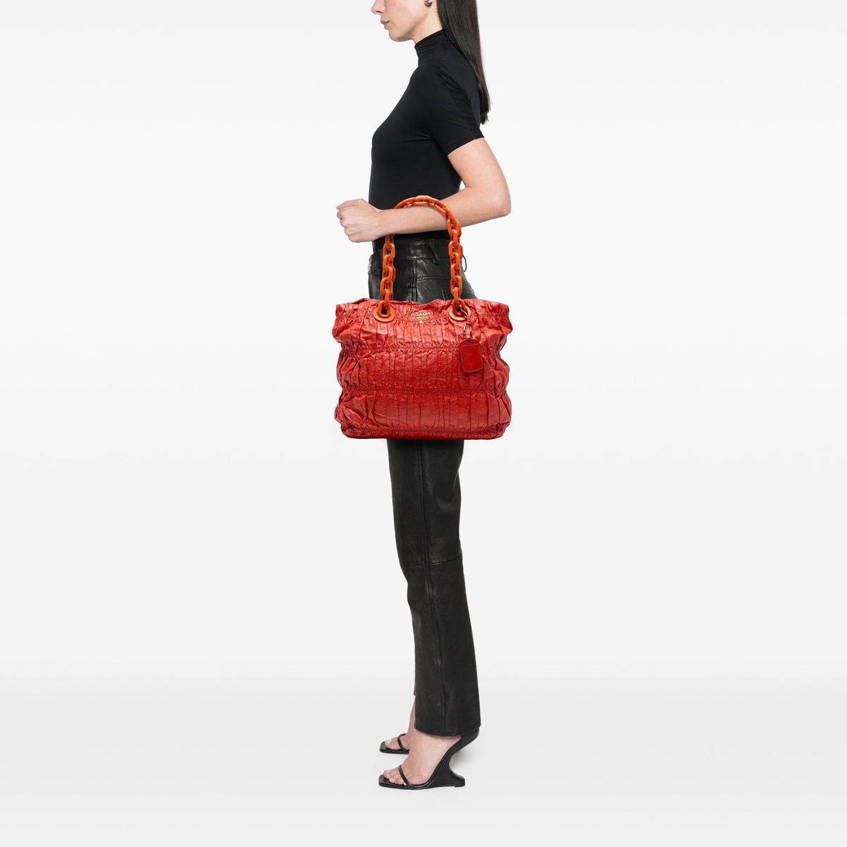 Prada Vernice Gaufre Chain Tote — Orange