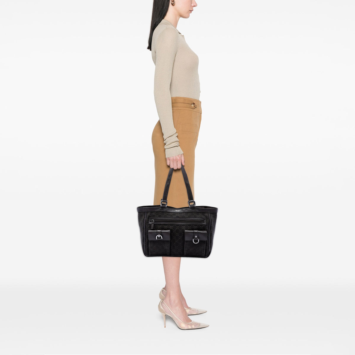 Gucci GG Denim Abbey D Ring Pocket Tote — Brown