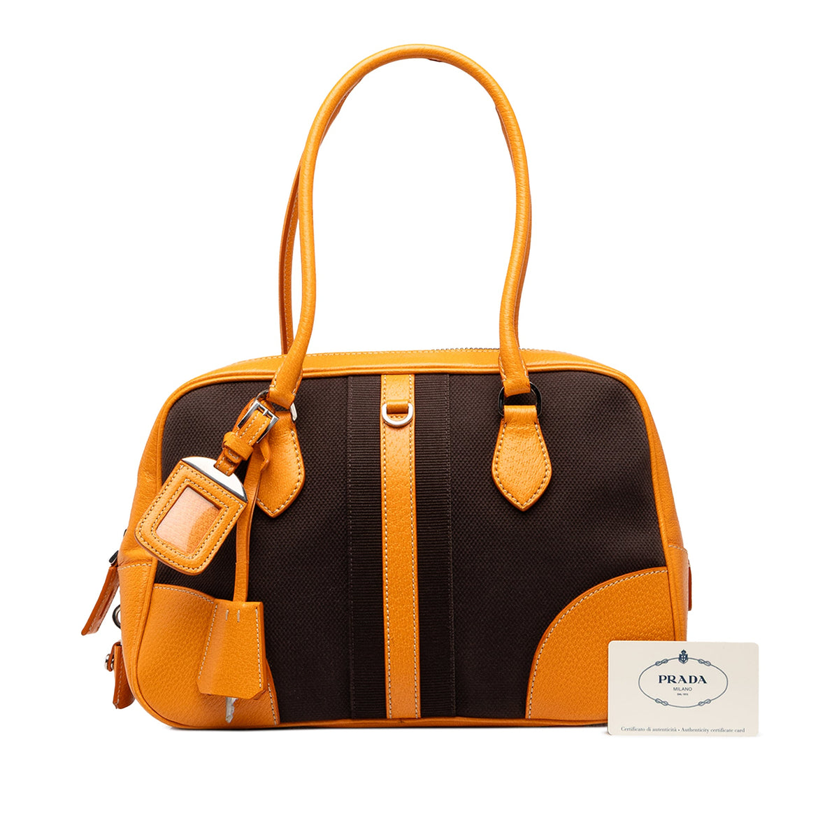 Prada Leather Trimmed Canvas Canapa Bauletto Bag — Brown