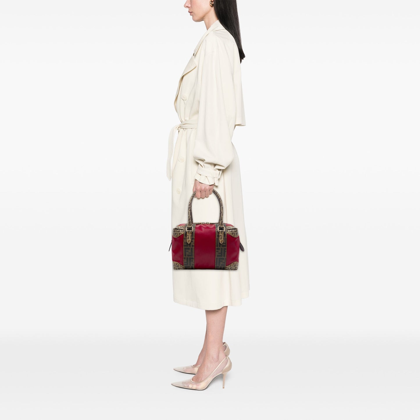 Fendi Zucca Trimmed Coated Canvas Mixed Media Boston Bag