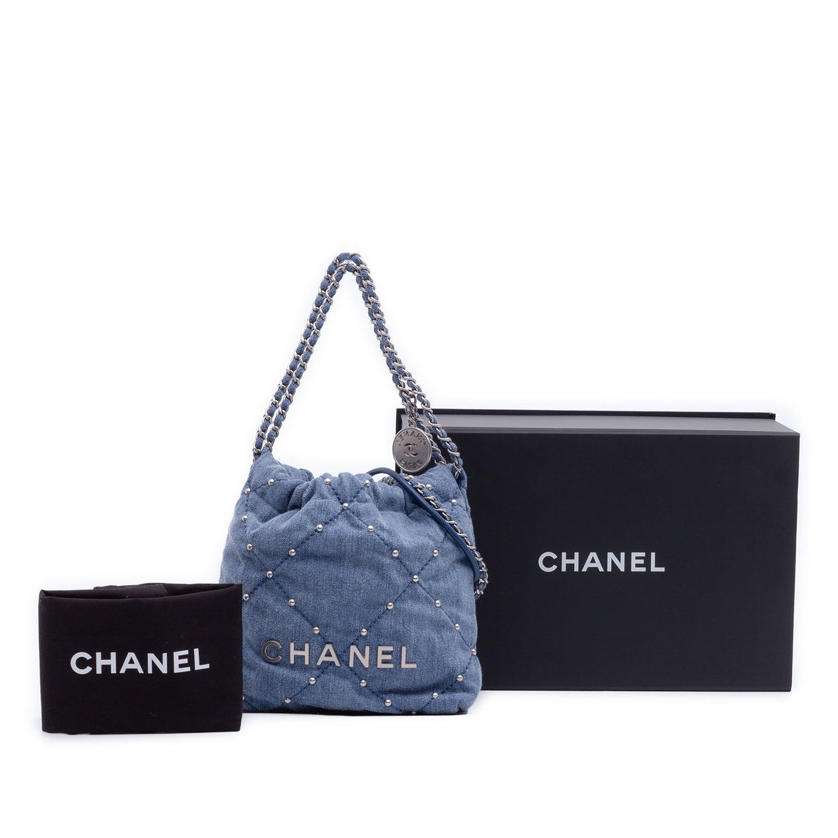 Chanel Mini Denim Studded 22 Handbag — Blue