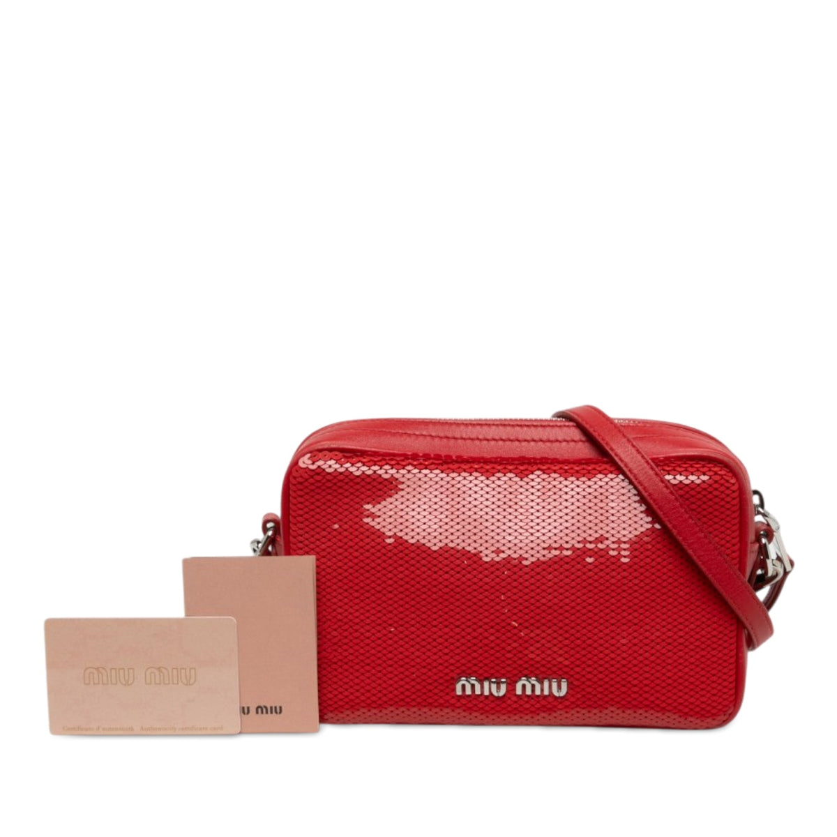 Miu Miu Sequins Paillettes and Calfskin Logo Crossbody — Red
