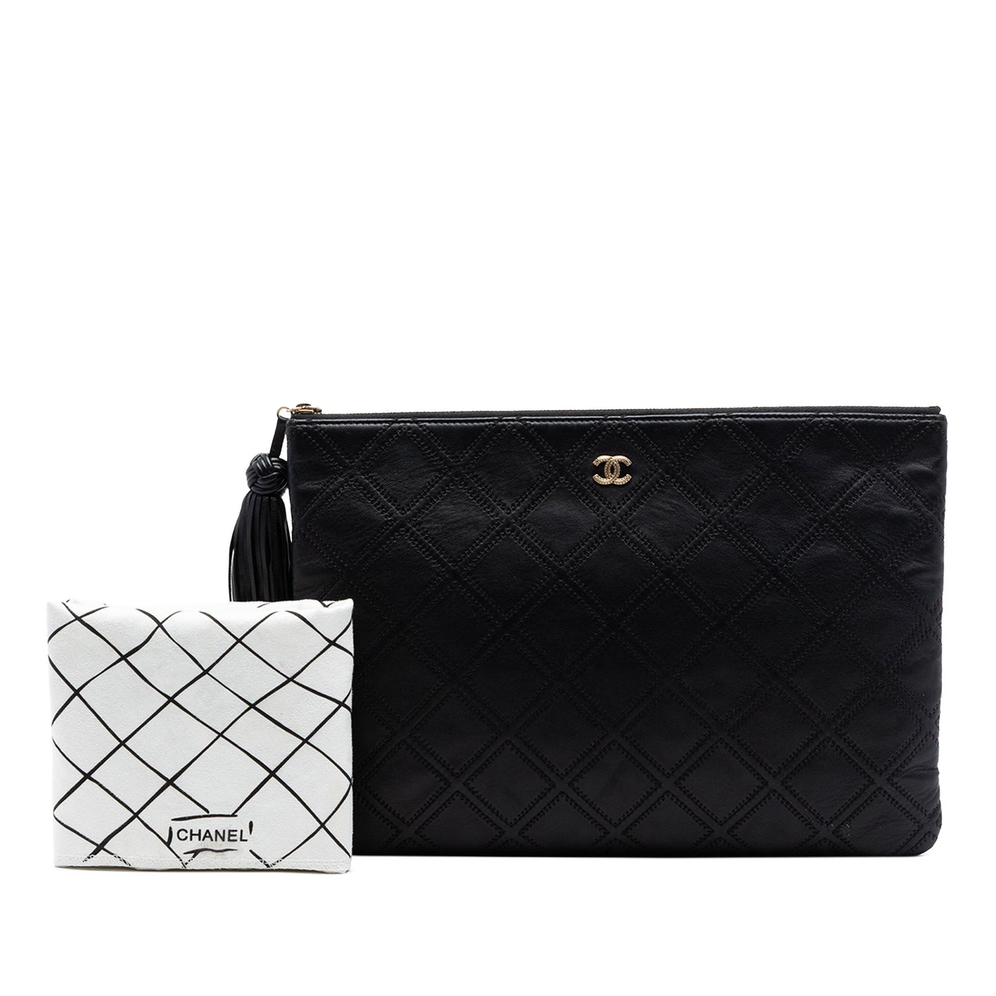 Chanel Large Quilted Lambskin Double Stitch Tassel O Case Clutch