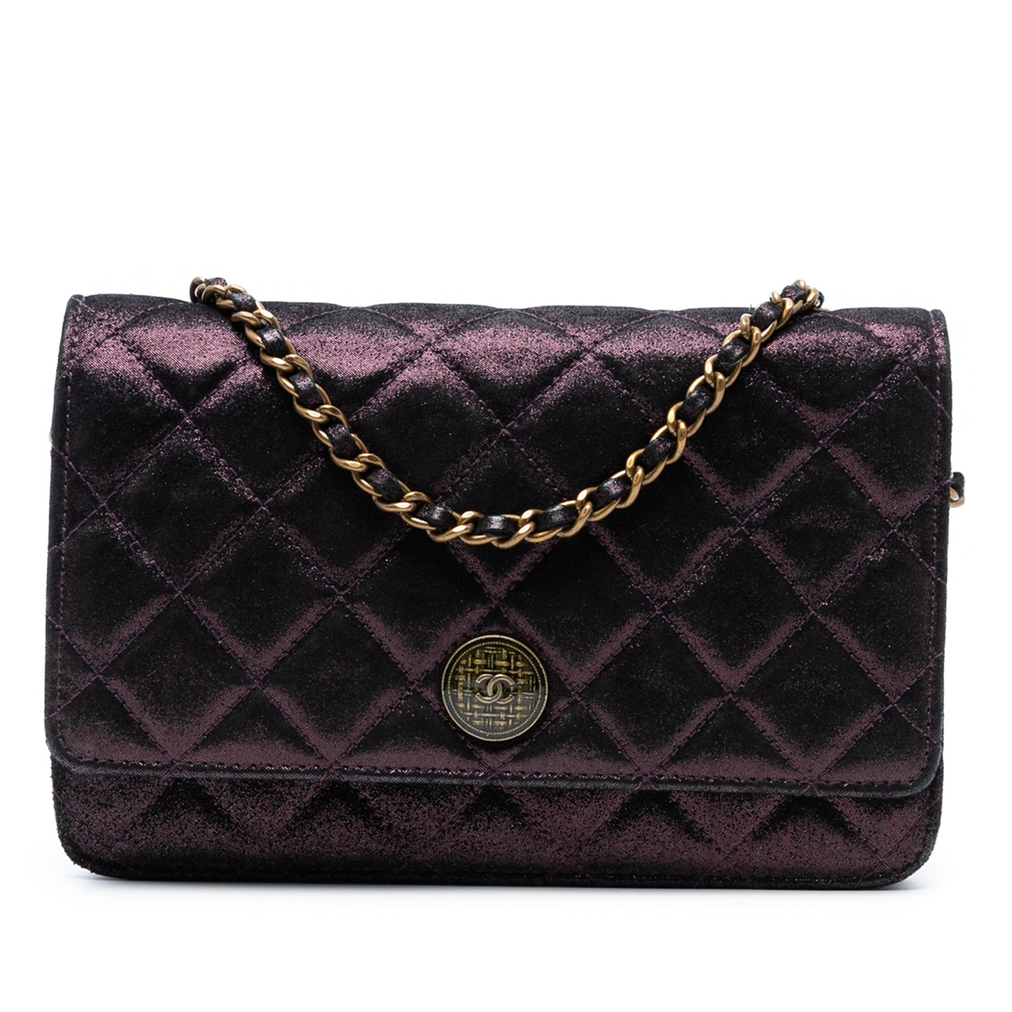 Chanel Quilted Iridescent Lambskin Tartan Button Wallet On Chain