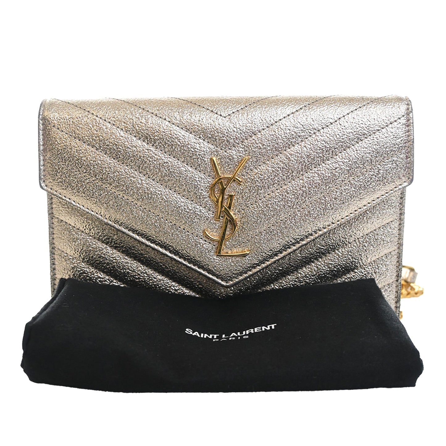 Saint Laurent Metallic Crackled Chevron Calfskin Monogram Envelope Chain Wallet