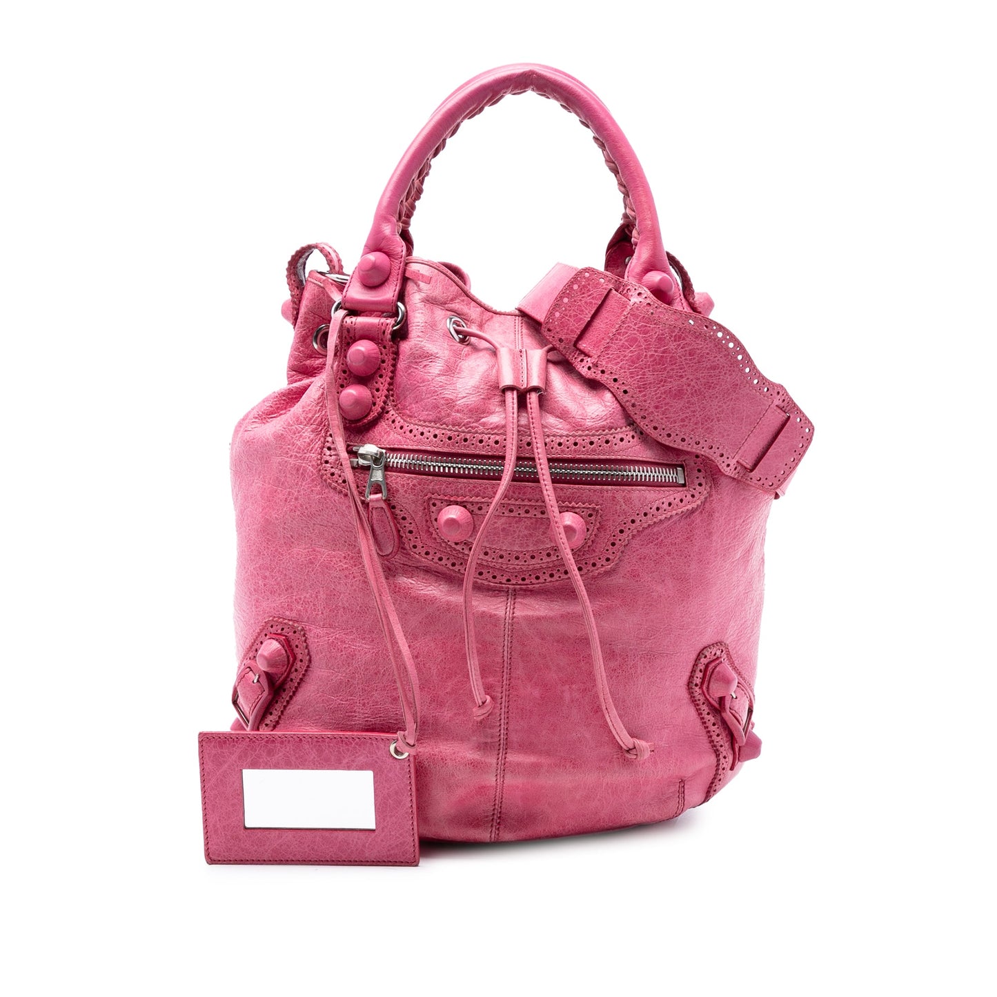 Balenciaga Lambskin Motocross Giant Brogues Pompon Bucket Bag