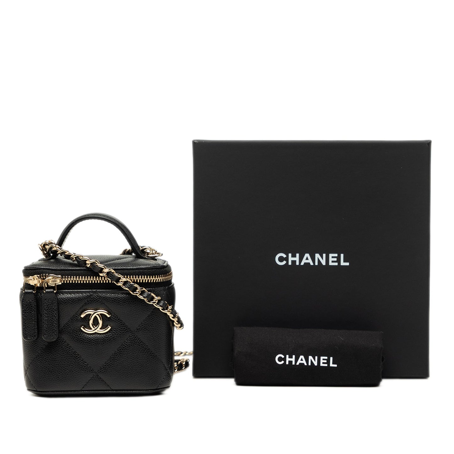 Chanel Mini CC Quilted Caviar Top Handle Vanity Case With Chain