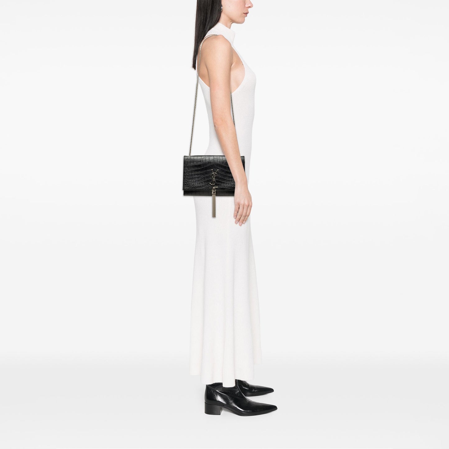 Saint Laurent Medium Croc Embossed Leather Monogram Kate Tassel Crossbody
