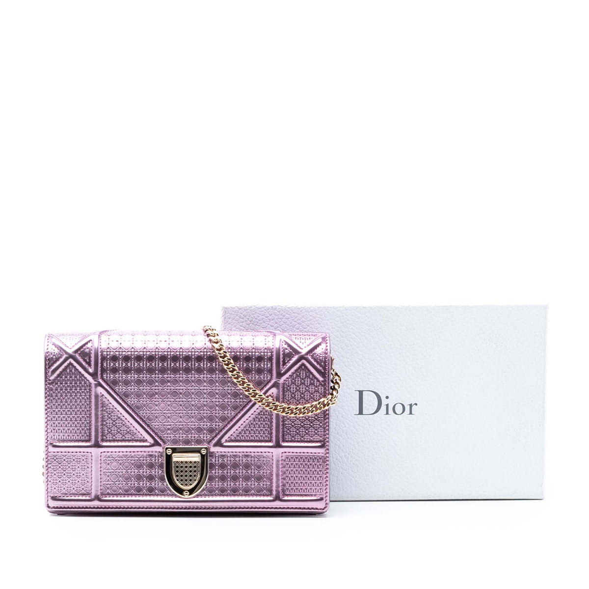 Dior Metallic Patent Microcannage Diorama Wallet on Chain — Pink