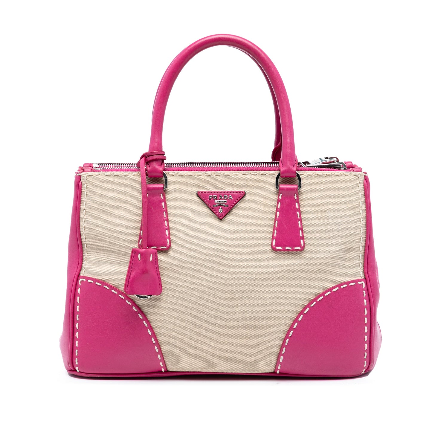 Prada Small Canvas and City Calf Hand Stitched Galleria Double Zip Satchel