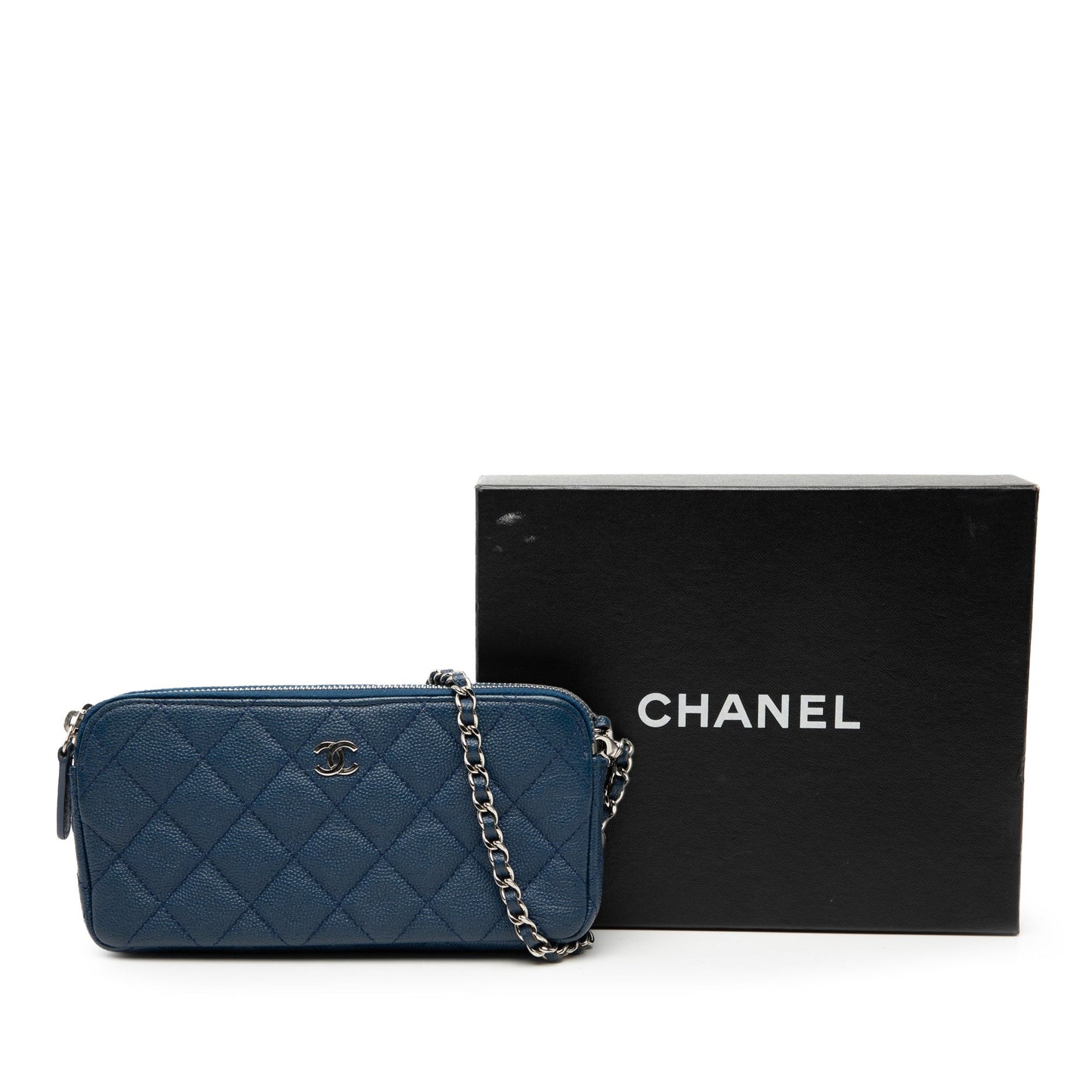 Chanel CC Quilted Caviar Double Zip Clutch With Chain