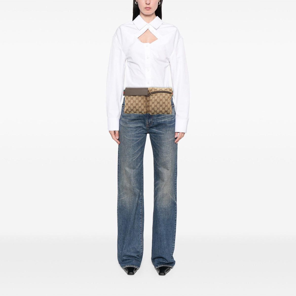 Gucci GG Canvas Web Double Pocket Belt Bag — Beige