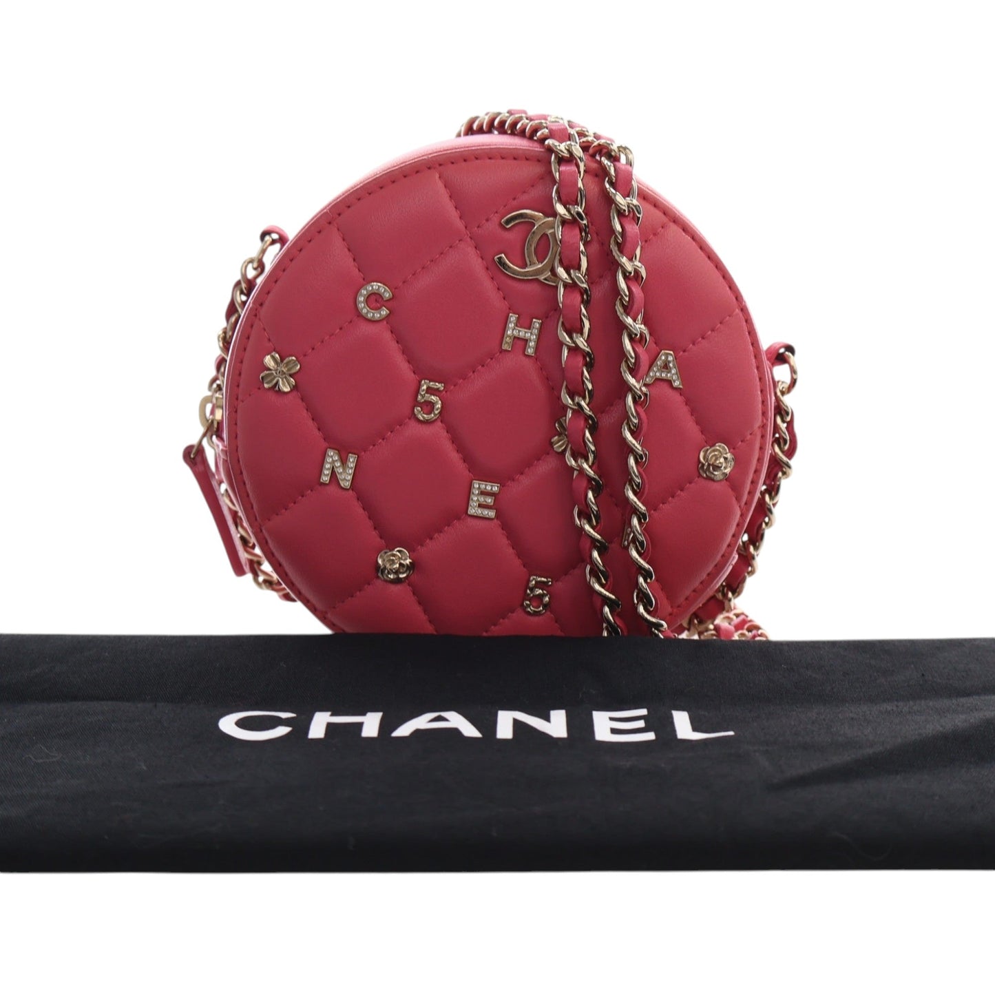 Chanel CC Quilted Lambskin Lucky Charms Round Clutch with Chain
