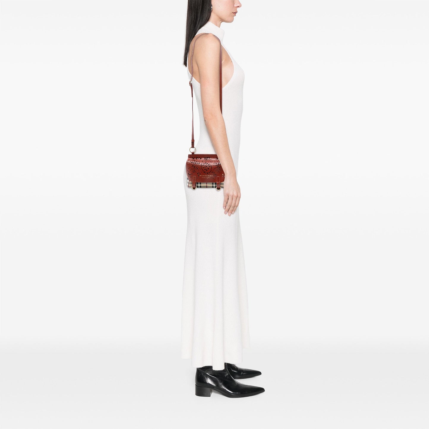 Burberry Baby Haymarket Check Coated Canvas and Perforated Leather Bridle Crossbody