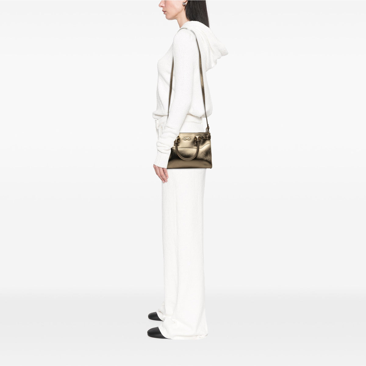 Ferragamo Metallic Leather Gancini Batik Satchel — Gold