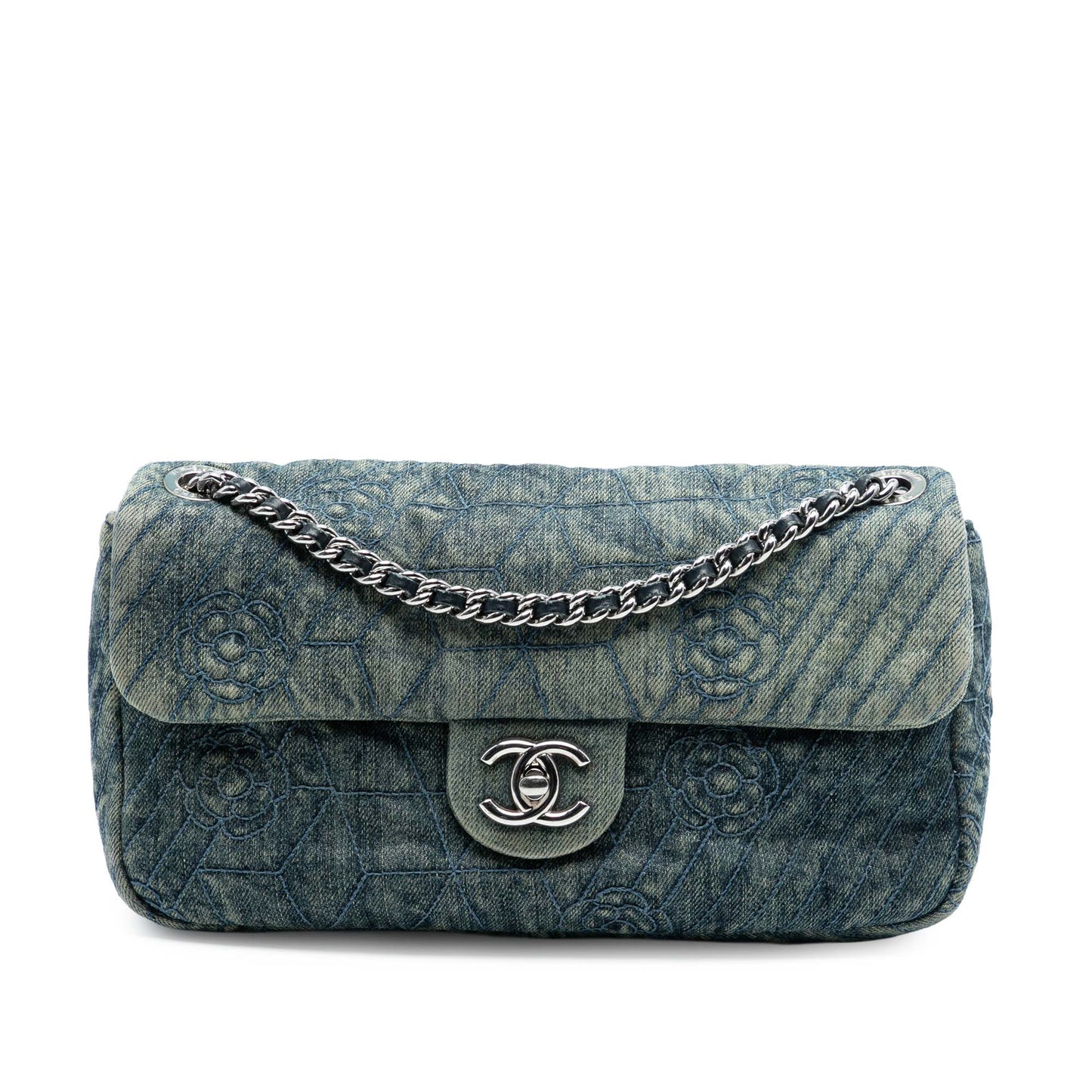 Chanel Medium Embroidered Denim Camellia Flap