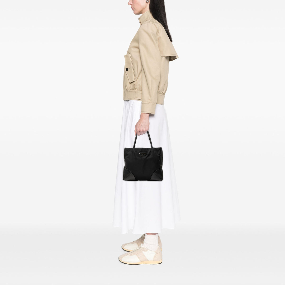 Prada Vitello Trimmed Tessuto Tote — Black