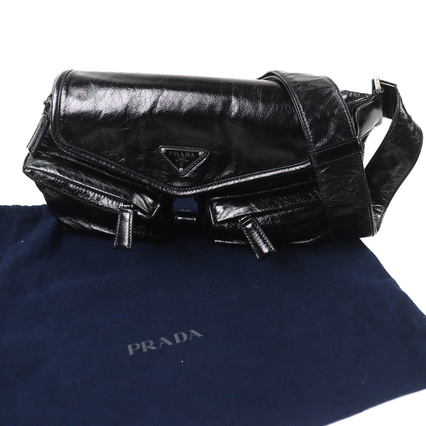 Prada Crinkled Calfskin Buckle Messenger Bag