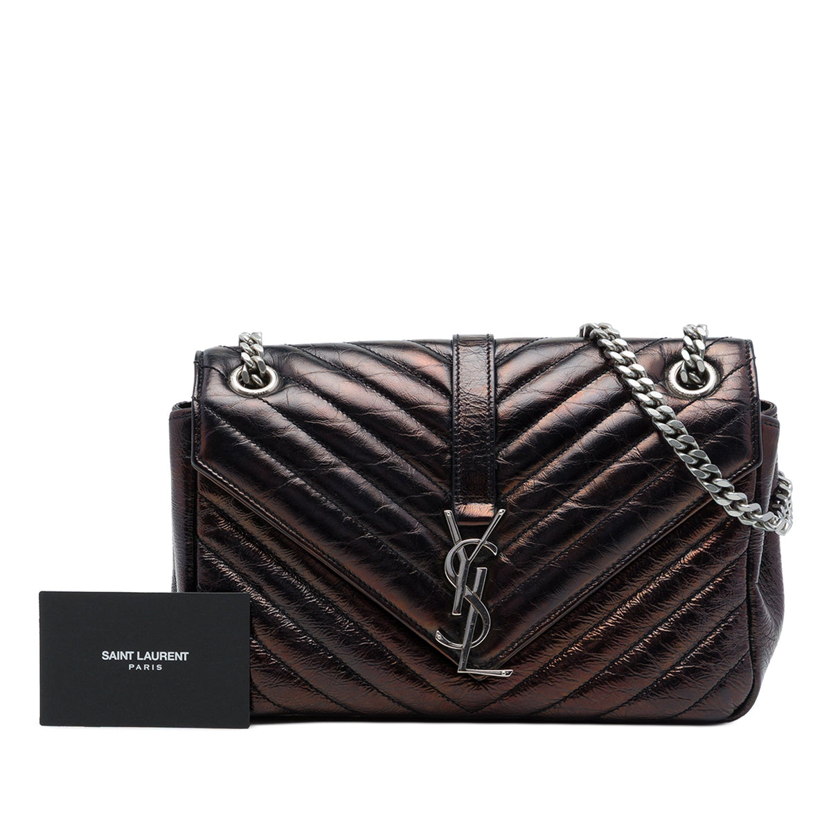 Saint Laurent Medium Chevron Metallic Crinkled Calfskin Punk Chain Bag — Brown
